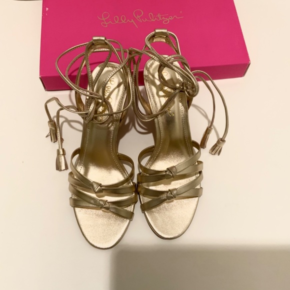 Lilly Pulitzer Casey Gold Metallic Leather Ankle Strap Heels Cork Wedge Sandal 7 - Picture 14 of 14